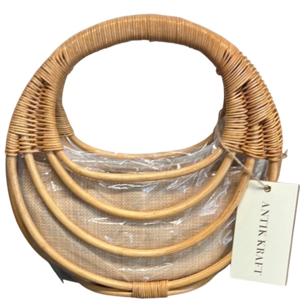 Antik Kraft Round Woven Rattan Handbag in Natural Tan